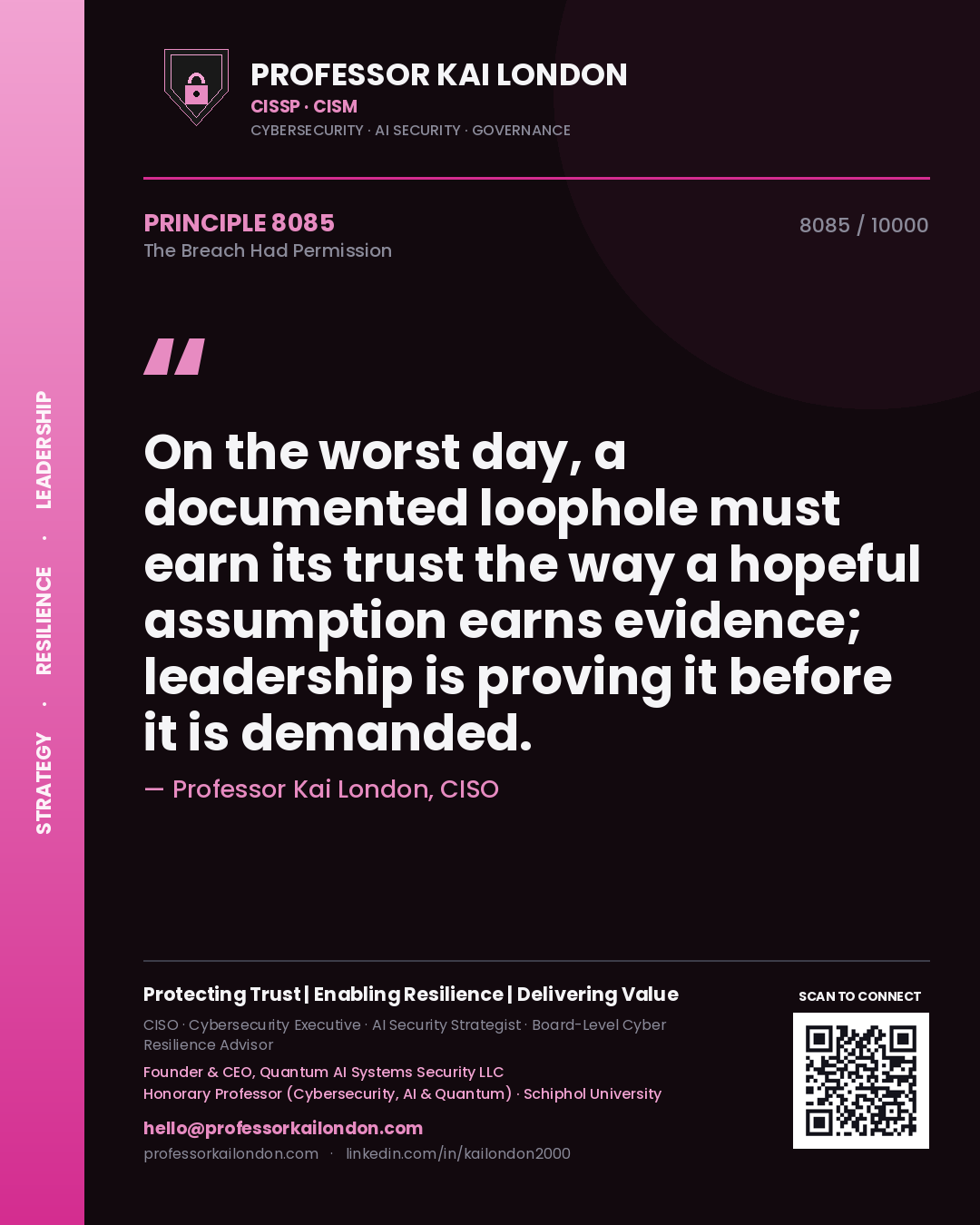 Professor Kai London principle 8085: On the worst day, a documented loophole must earn its trust the way a hopeful assumption earns evidence; leadership is proving it before it is demanded.