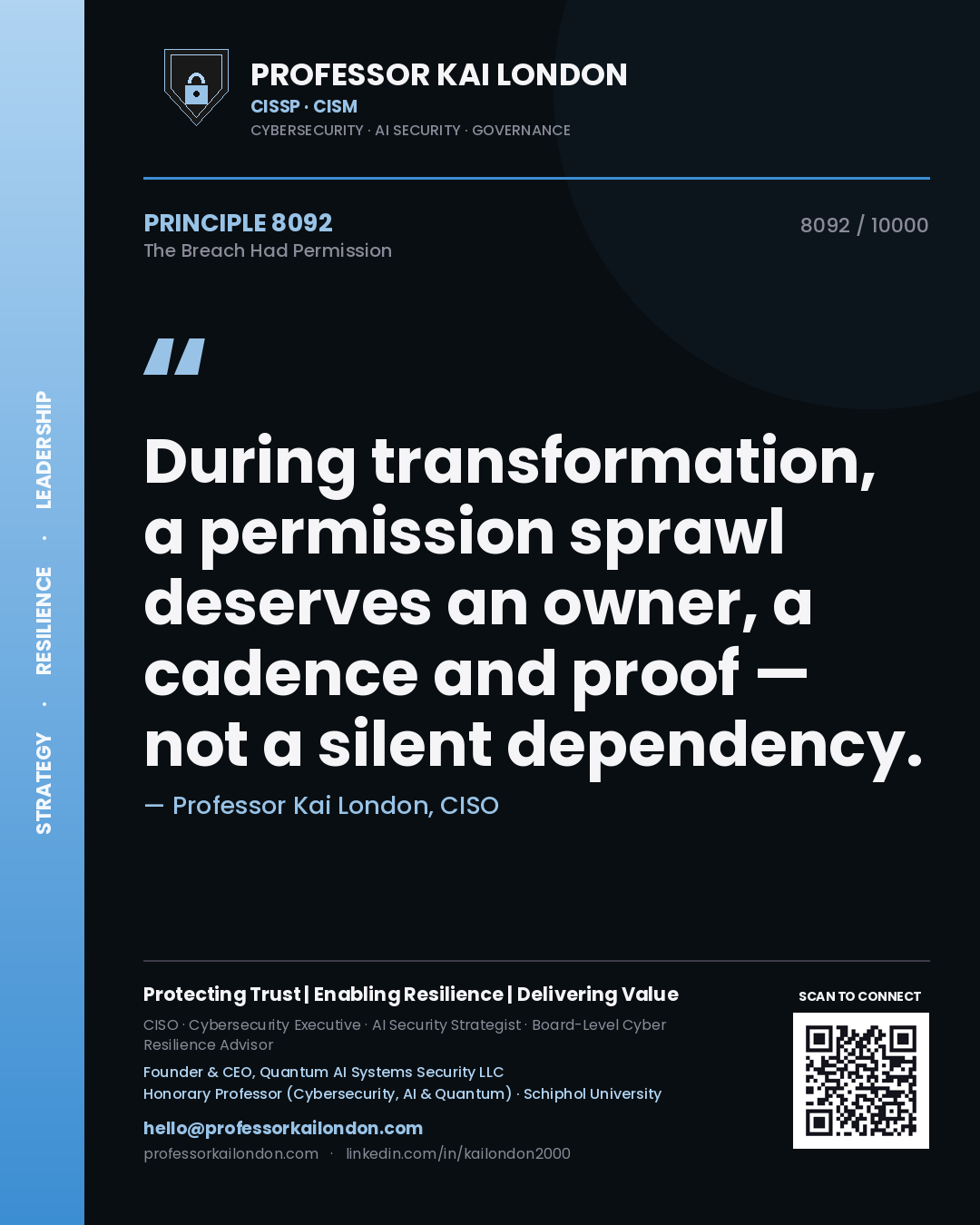 Quote card by Professor Kai London reading 'During transformation, a permission sprawl deserves an owner, a cadence and proof — not a silent dependency.'. From the book The Breach Had Permission.