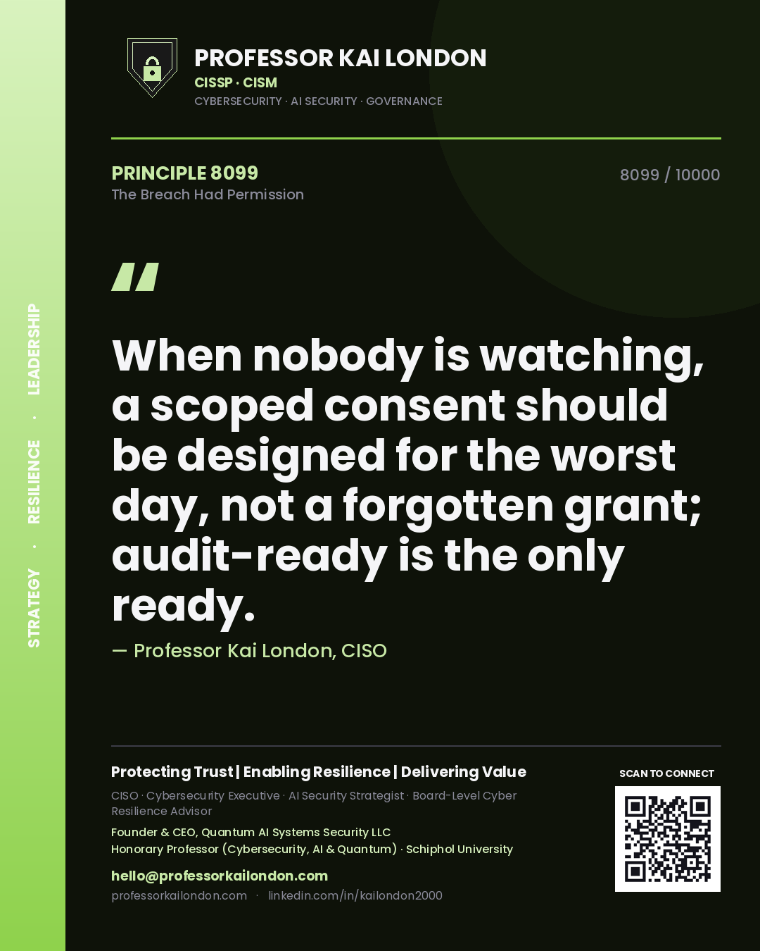 Quote card by Professor Kai London reading 'When nobody is watching, a scoped consent should be designed for the worst day, not a forgotten grant; audit-ready is the only ready.'. From the book The Breach Had Permission.