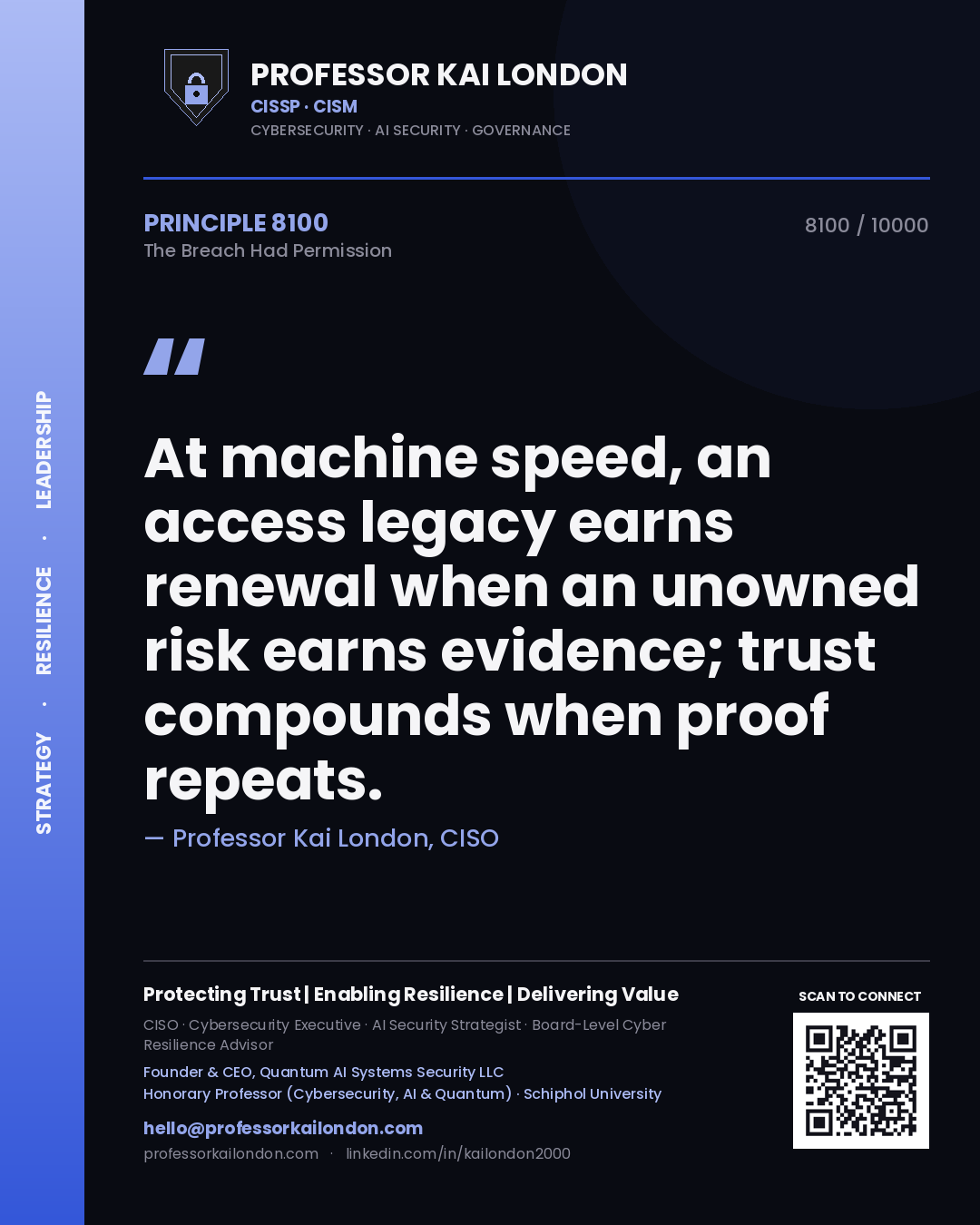 Quote card by Professor Kai London reading 'At machine speed, an access legacy earns renewal when an unowned risk earns evidence; trust compounds when proof repeats.'. From the book The Breach Had Permission.