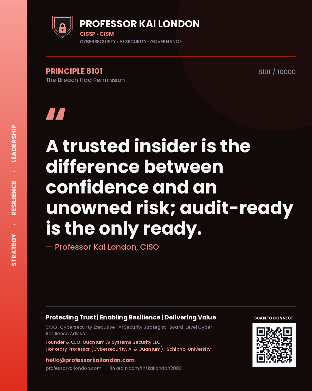 Professor Kai London principle 8101: A trusted insider is the difference between confidence and an unowned risk; audit-ready is the only ready.