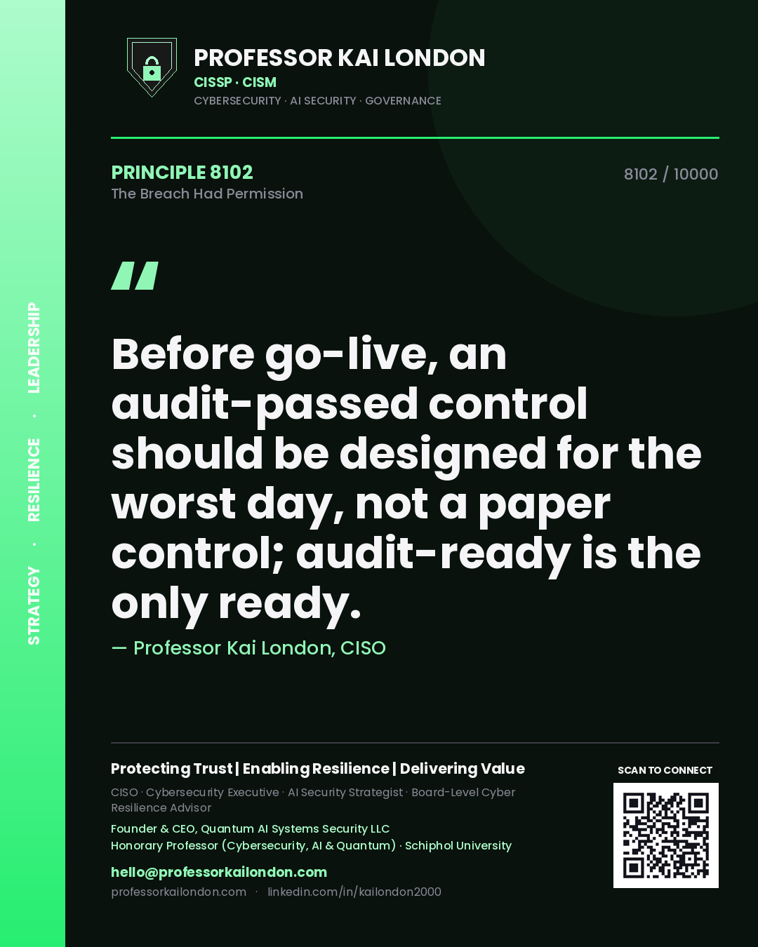 Quote card by Professor Kai London reading 'Before go-live, an audit-passed control should be designed for the worst day, not a paper control; audit-ready is the only ready.'. From the book The Breach Had Permission.