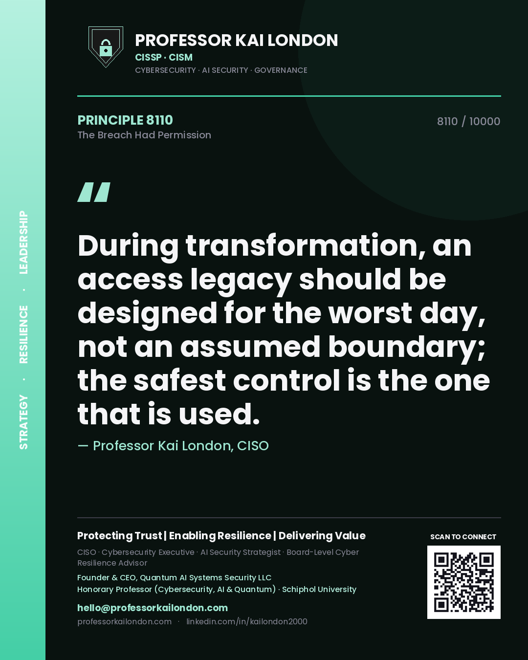 Quote card by Professor Kai London reading 'During transformation, an access legacy should be designed for the worst day, not an assumed boundary; the safest control is the one that is used.'. From the book The Breach Had Permission.