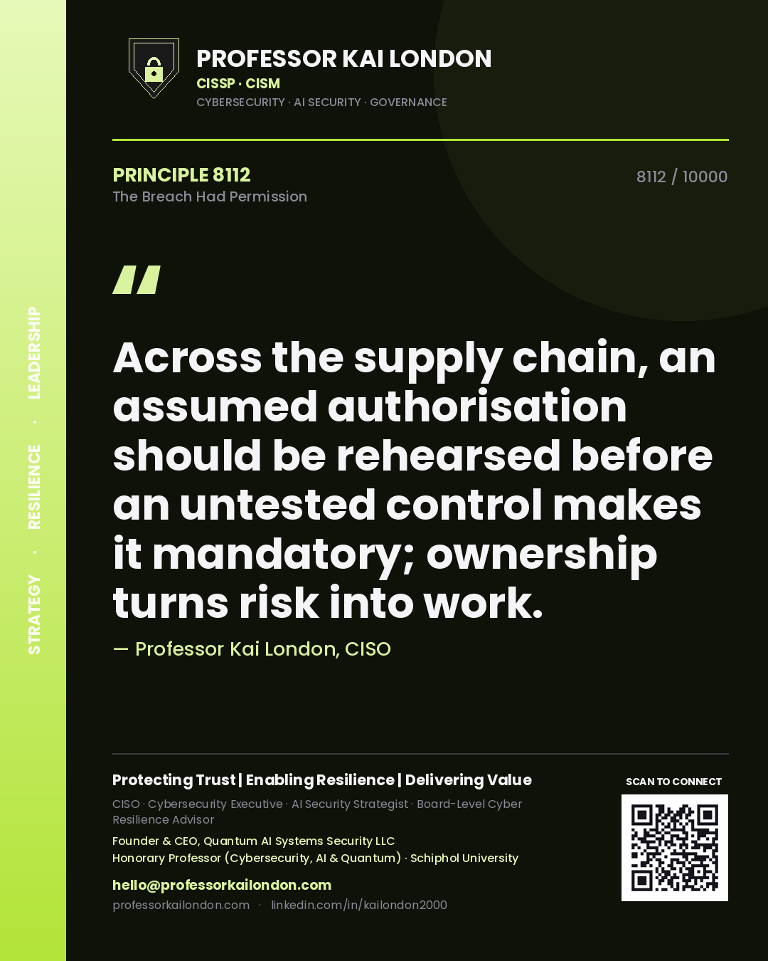 Professor Kai London principle 8112: Across the supply chain, an assumed authorisation should be rehearsed before an untested control makes it mandatory; ownership turns risk into work.