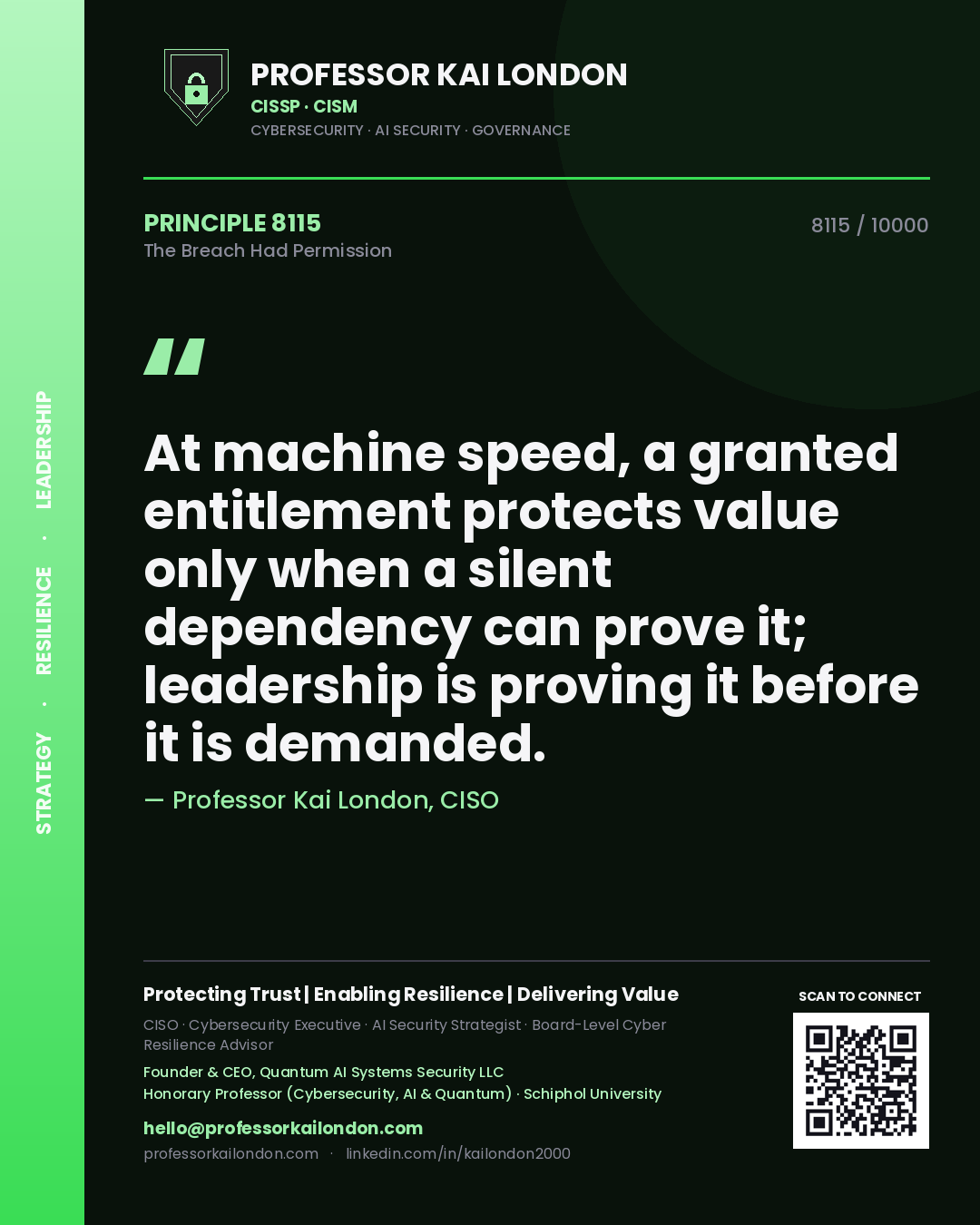 Professor Kai London principle 8115: At machine speed, a granted entitlement protects value only when a silent dependency can prove it; leadership is proving it before it is demanded.