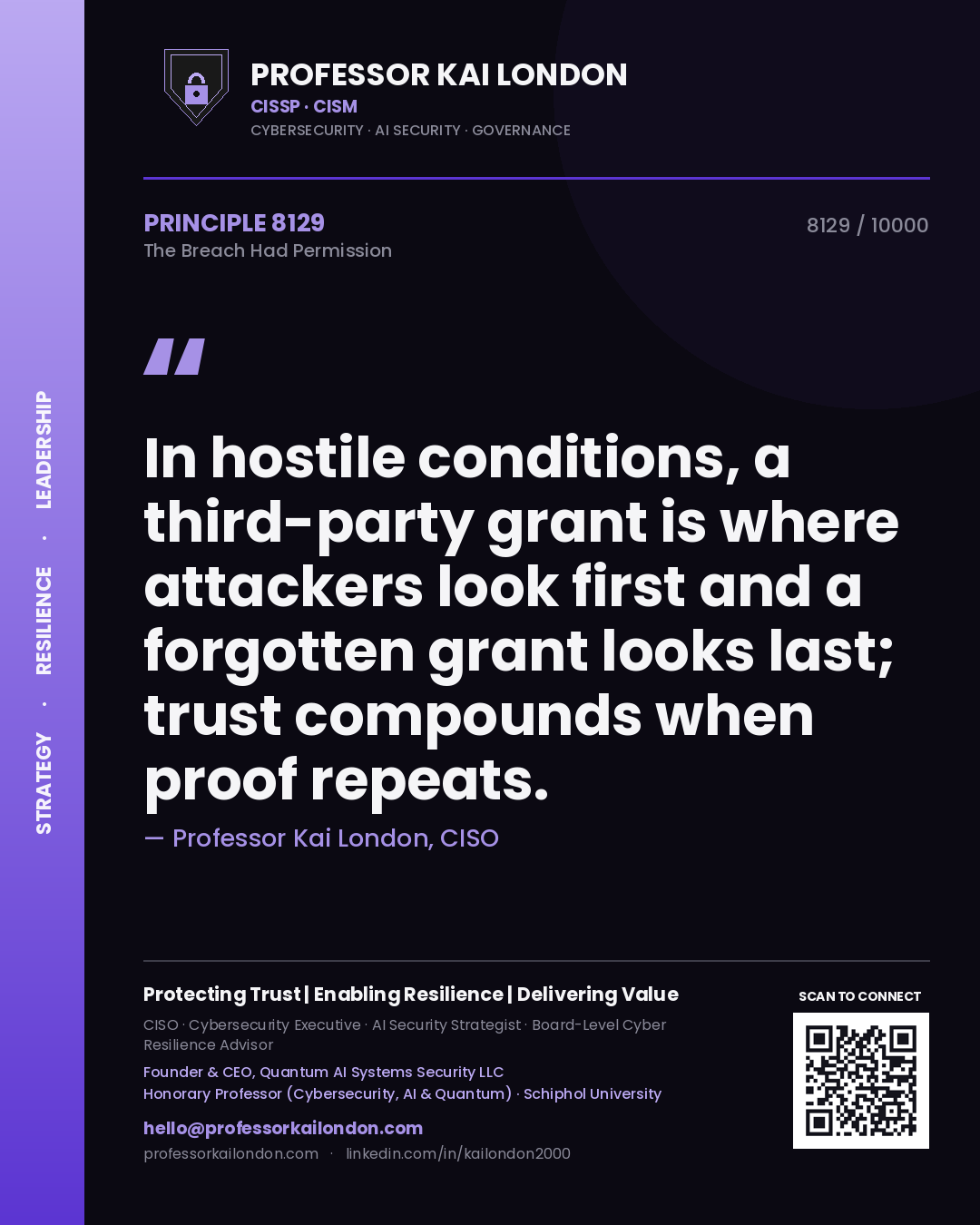 Professor Kai London principle 8129: In hostile conditions, a third-party grant is where attackers look first and a forgotten grant looks last; trust compounds when proof repeats.