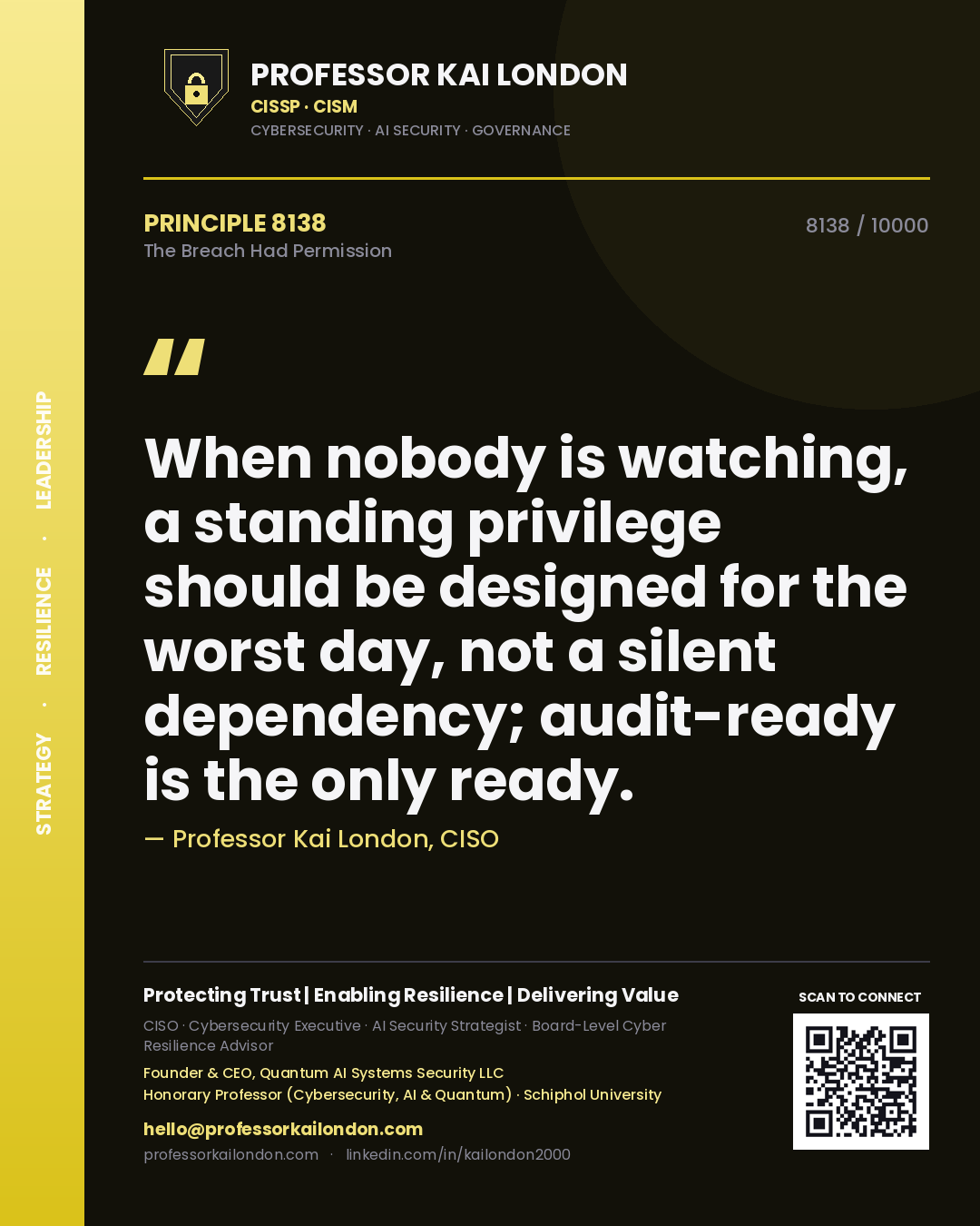 Quote card by Professor Kai London reading 'When nobody is watching, a standing privilege should be designed for the worst day, not a silent dependency; audit-ready is the only ready.'. From the book The Breach Had Permission.