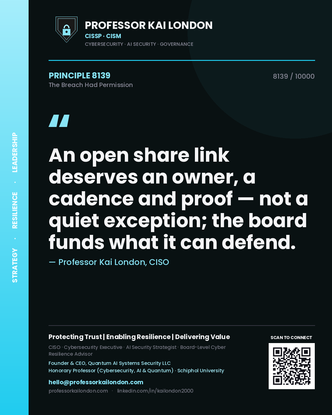 Quote card by Professor Kai London reading 'An open share link deserves an owner, a cadence and proof — not a quiet exception; the board funds what it can defend.'. From the book The Breach Had Permission.
