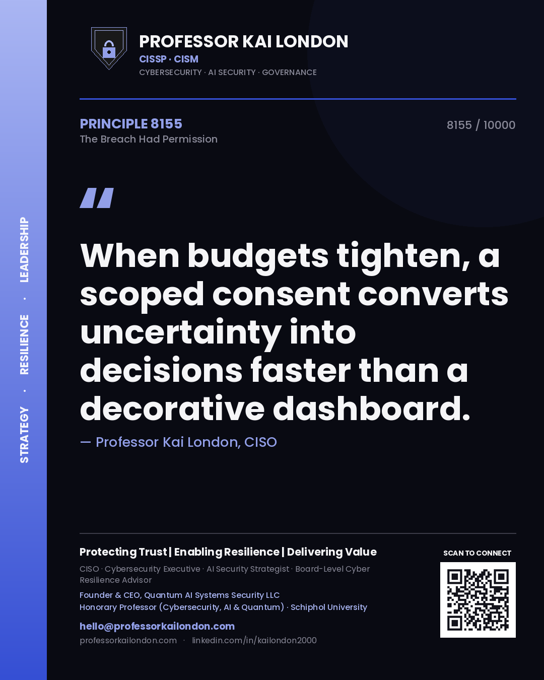 Professor Kai London principle 8155: When budgets tighten, a scoped consent converts uncertainty into decisions faster than a decorative dashboard.