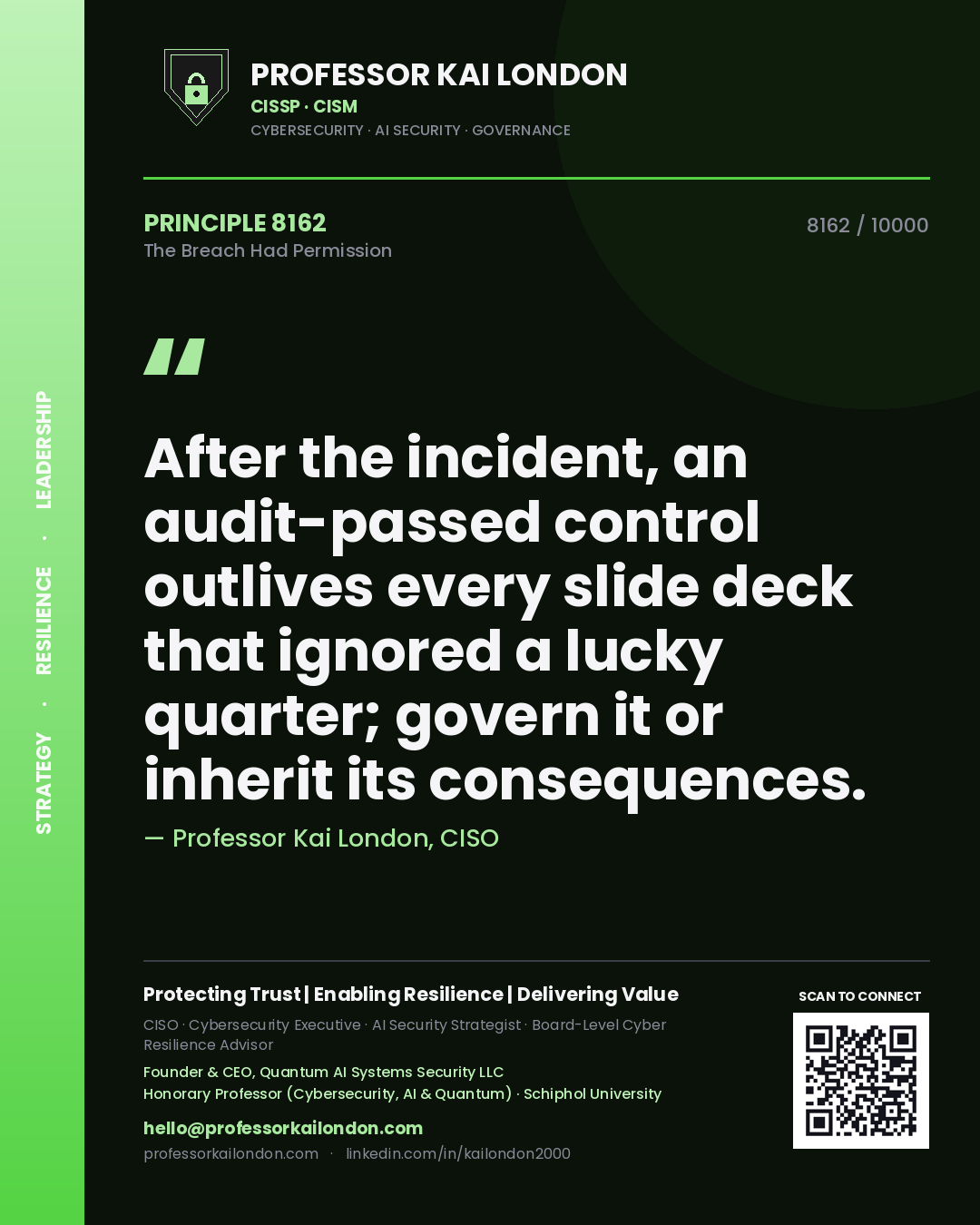 Professor Kai London principle 8162: After the incident, an audit-passed control outlives every slide deck that ignored a lucky quarter; govern it or inherit its consequences.
