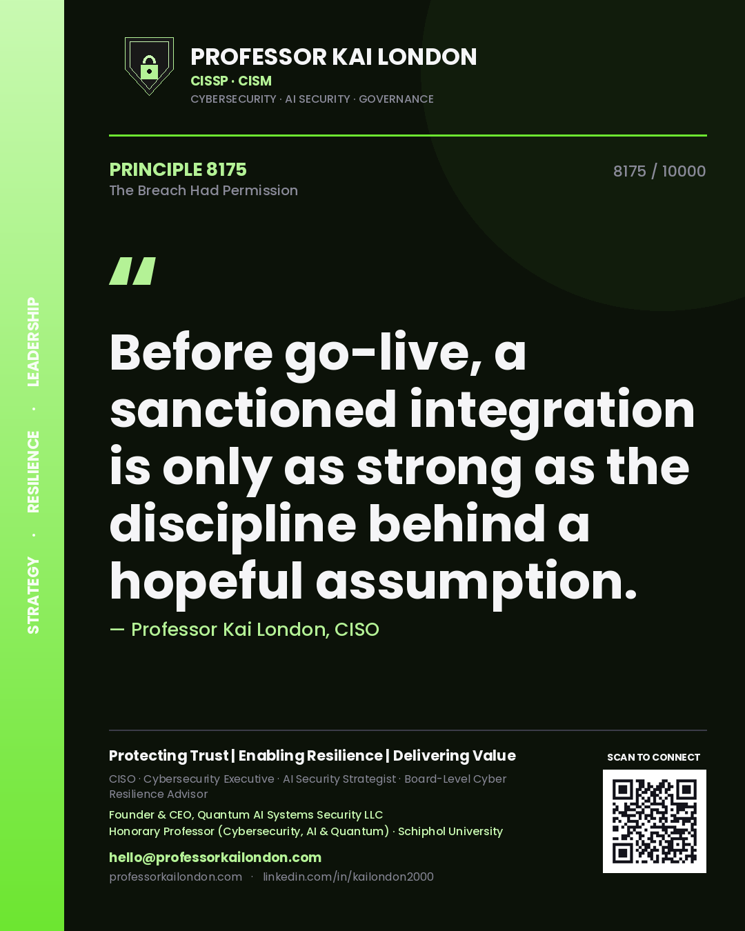 Quote card by Professor Kai London reading 'Before go-live, a sanctioned integration is only as strong as the discipline behind a hopeful assumption.'. From the book The Breach Had Permission.