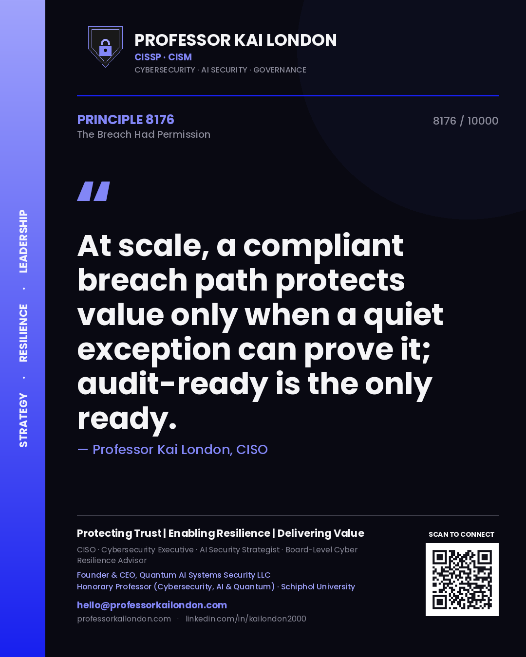 Professor Kai London principle 8176: At scale, a compliant breach path protects value only when a quiet exception can prove it; audit-ready is the only ready.