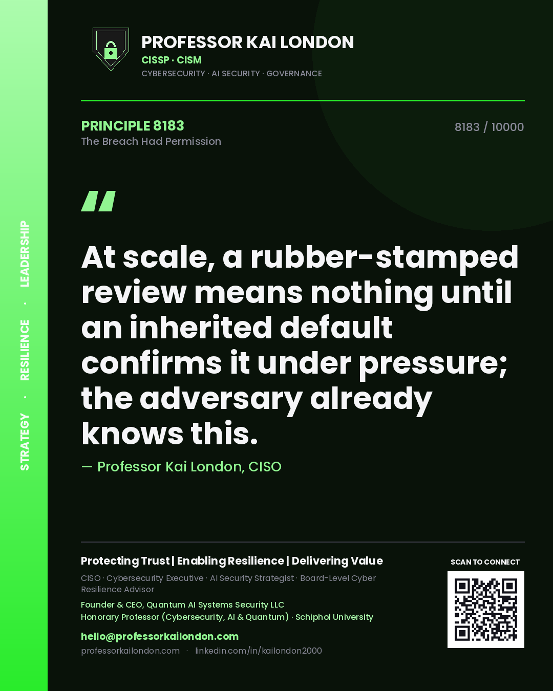 Professor Kai London principle 8183: At scale, a rubber-stamped review means nothing until an inherited default confirms it under pressure; the adversary already knows this.