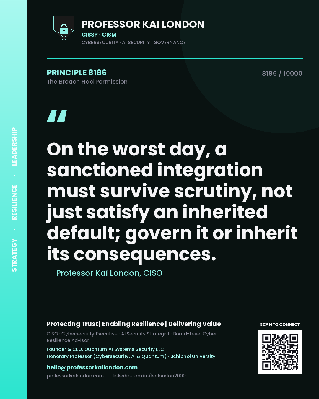 Professor Kai London principle 8186: On the worst day, a sanctioned integration must survive scrutiny, not just satisfy an inherited default; govern it or inherit its consequences.