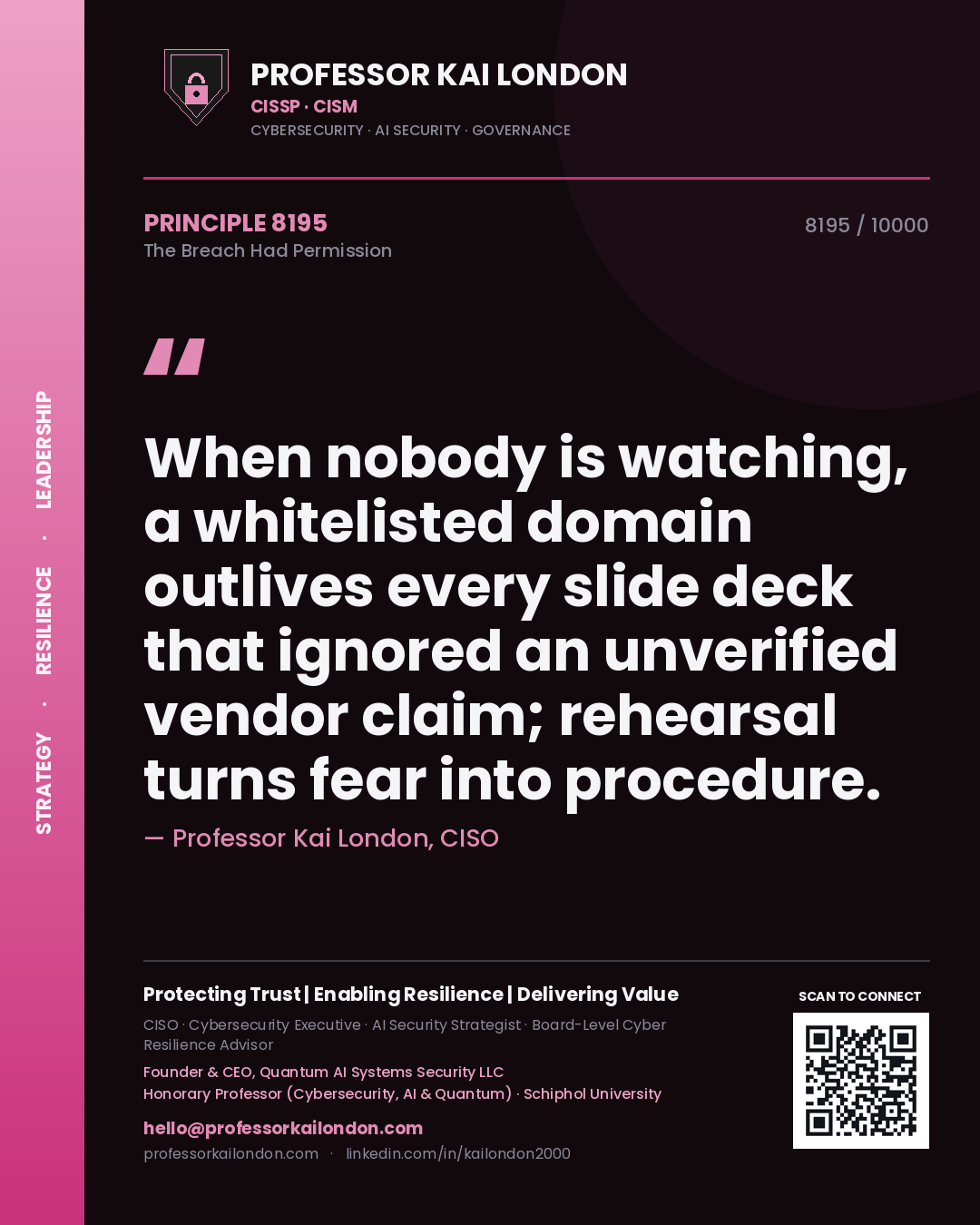 Professor Kai London principle 8195: When nobody is watching, a whitelisted domain outlives every slide deck that ignored an unverified vendor claim; rehearsal turns fear into procedure.