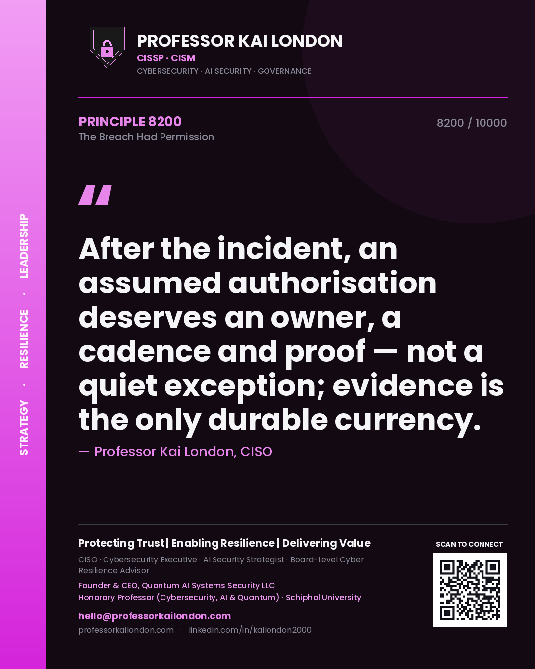 Quote card by Professor Kai London reading 'After the incident, an assumed authorisation deserves an owner, a cadence and proof — not a quiet exception; evidence is the only durable currency.'. From the book The Breach Had Permission.