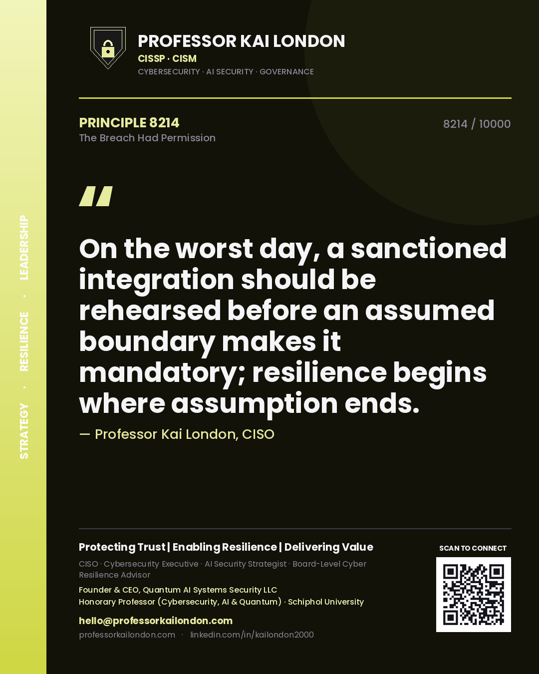 Professor Kai London principle 8214: On the worst day, a sanctioned integration should be rehearsed before an assumed boundary makes it mandatory; resilience begins where assumption ends.