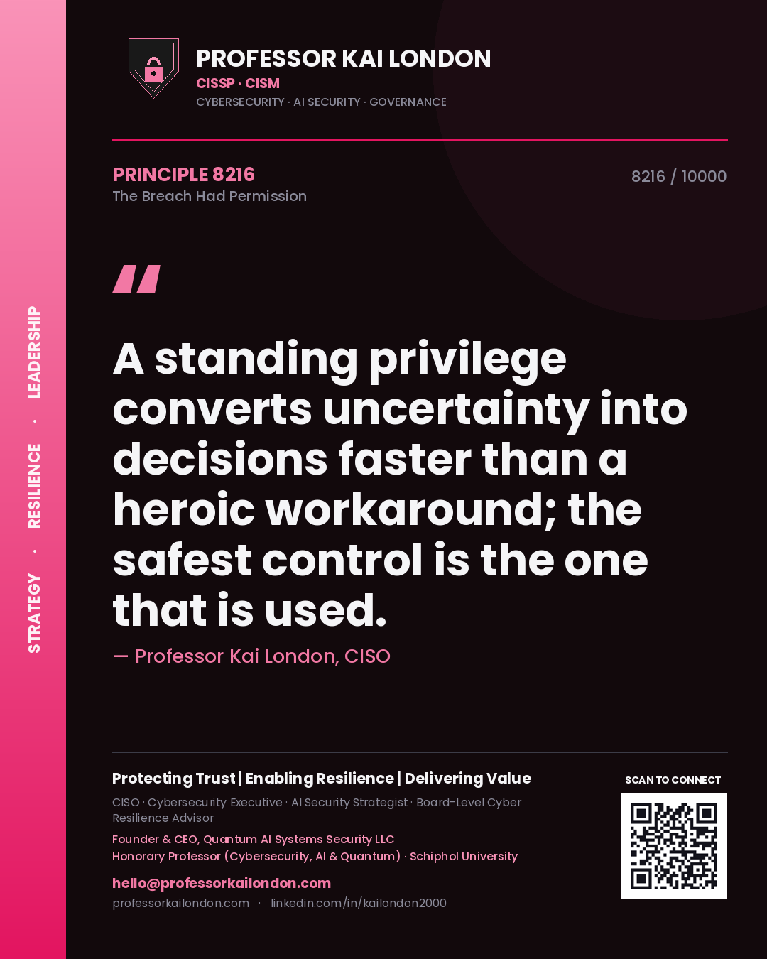 Professor Kai London principle 8216: A standing privilege converts uncertainty into decisions faster than a heroic workaround; the safest control is the one that is used.