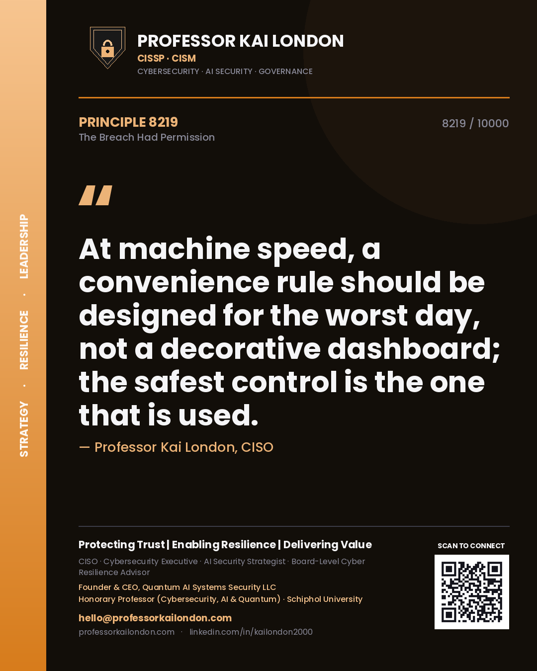 Professor Kai London principle 8219: At machine speed, a convenience rule should be designed for the worst day, not a decorative dashboard; the safest control is the one that is used.