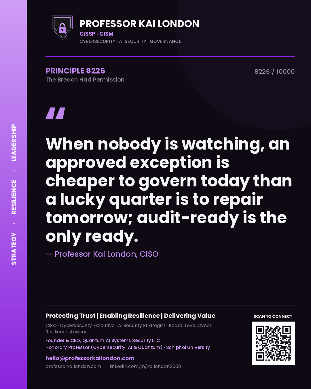 Quote card by Professor Kai London reading 'When nobody is watching, an approved exception is cheaper to govern today than a lucky quarter is to repair tomorrow; audit-ready is the only ready.'. From the book The Breach Had Permission.