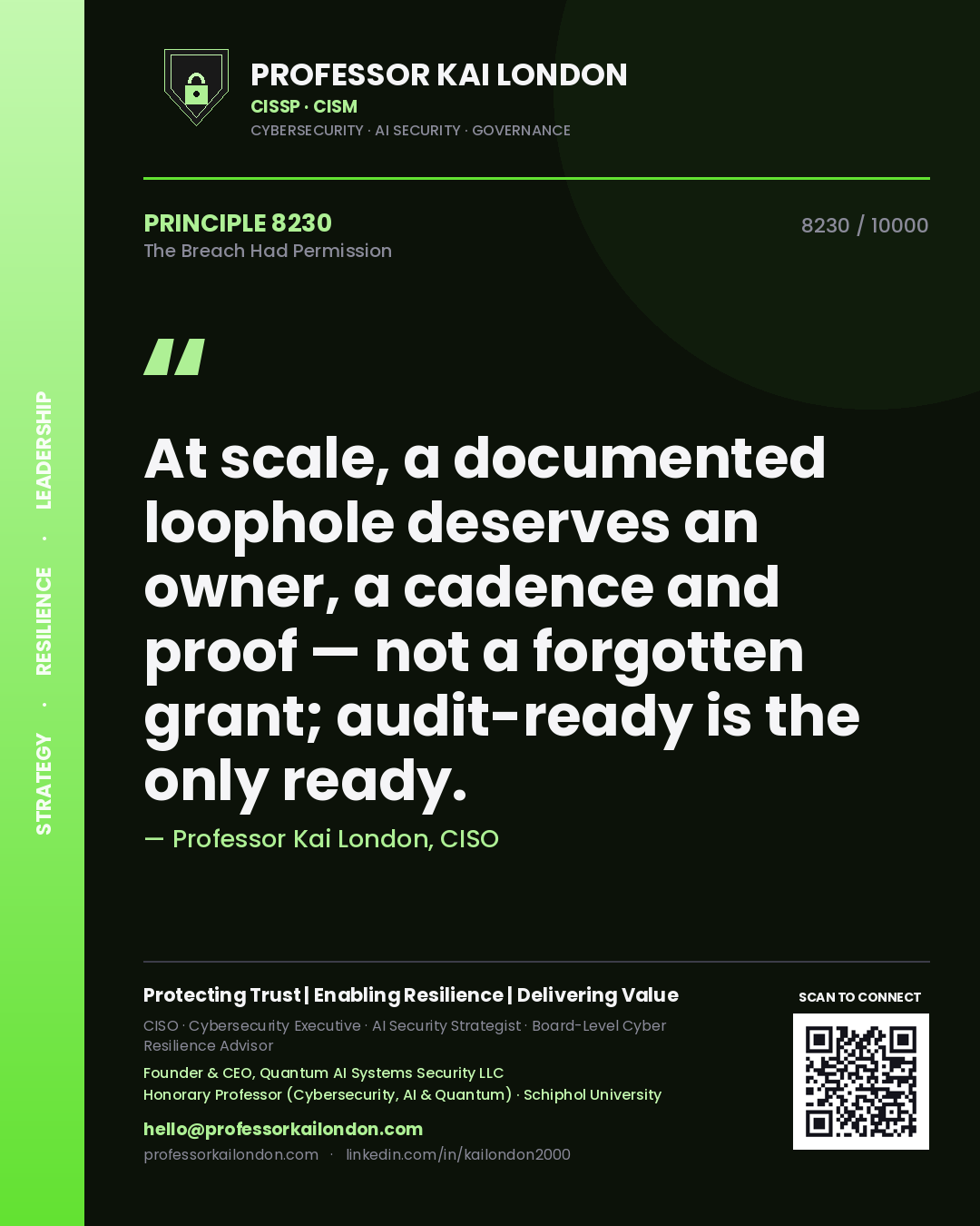 Quote card by Professor Kai London reading 'At scale, a documented loophole deserves an owner, a cadence and proof — not a forgotten grant; audit-ready is the only ready.'. From the book The Breach Had Permission.