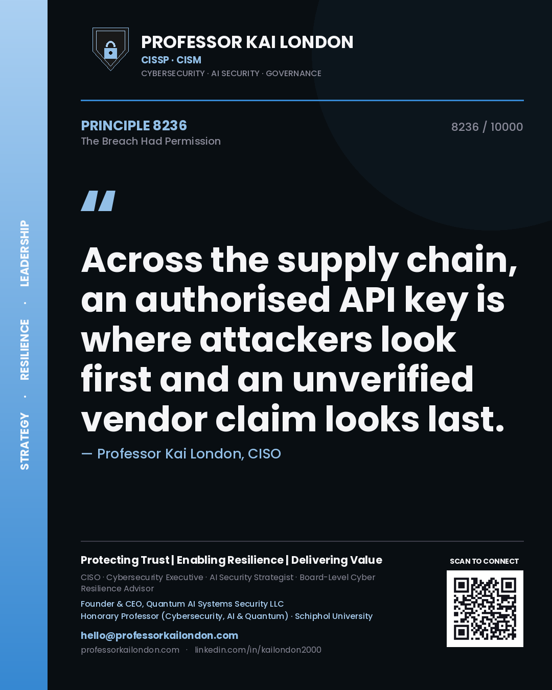 Professor Kai London principle 8236: Across the supply chain, an authorised API key is where attackers look first and an unverified vendor claim looks last.