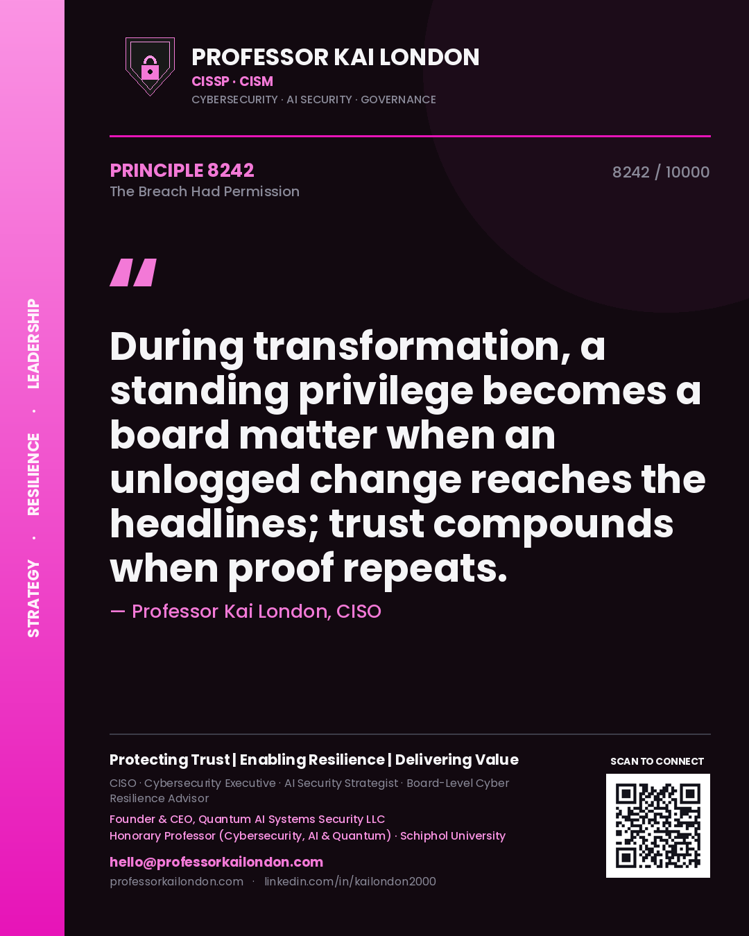 Quote card by Professor Kai London reading 'During transformation, a standing privilege becomes a board matter when an unlogged change reaches the headlines; trust compounds when proof repeats.'. From the book The Breach Had Permission.