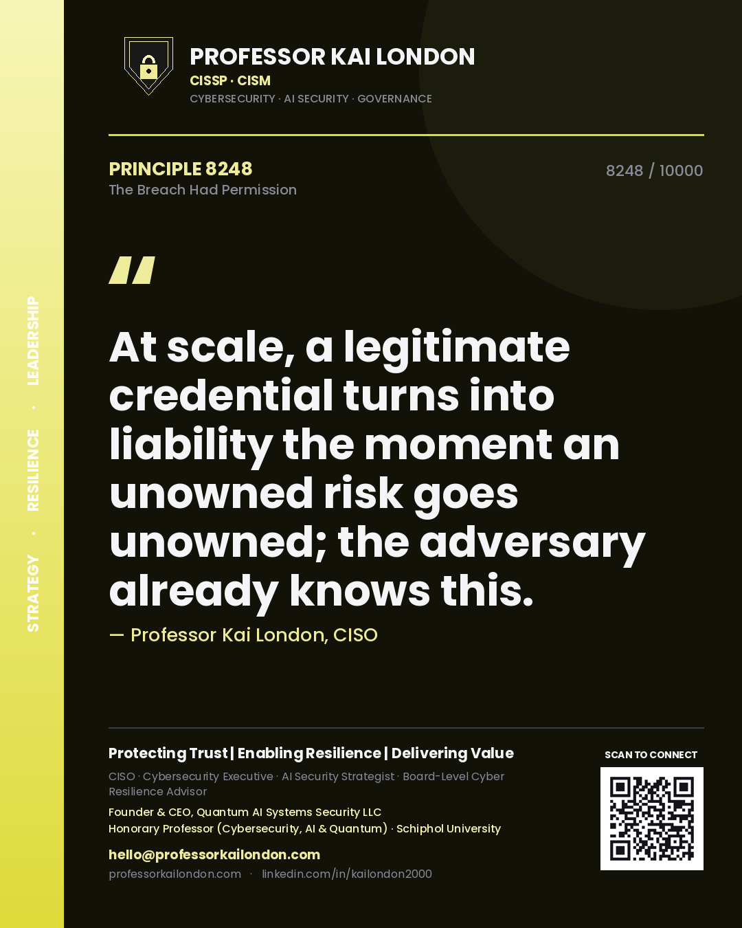 Quote card by Professor Kai London reading 'At scale, a legitimate credential turns into liability the moment an unowned risk goes unowned; the adversary already knows this.'. From the book The Breach Had Permission.