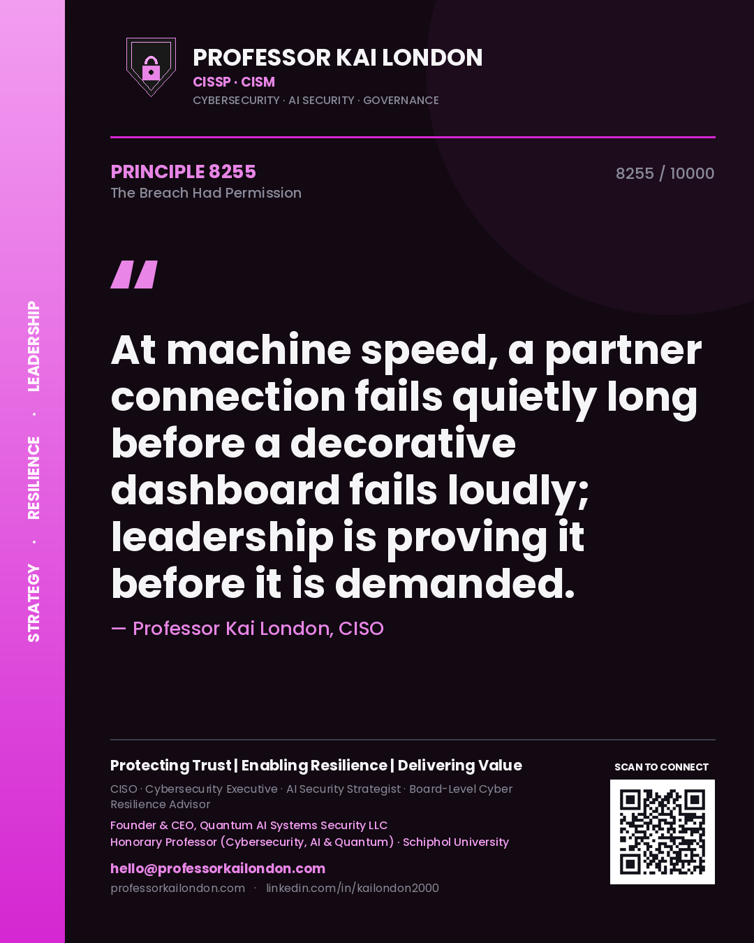 Professor Kai London principle 8255: At machine speed, a partner connection fails quietly long before a decorative dashboard fails loudly; leadership is proving it before it is demanded.