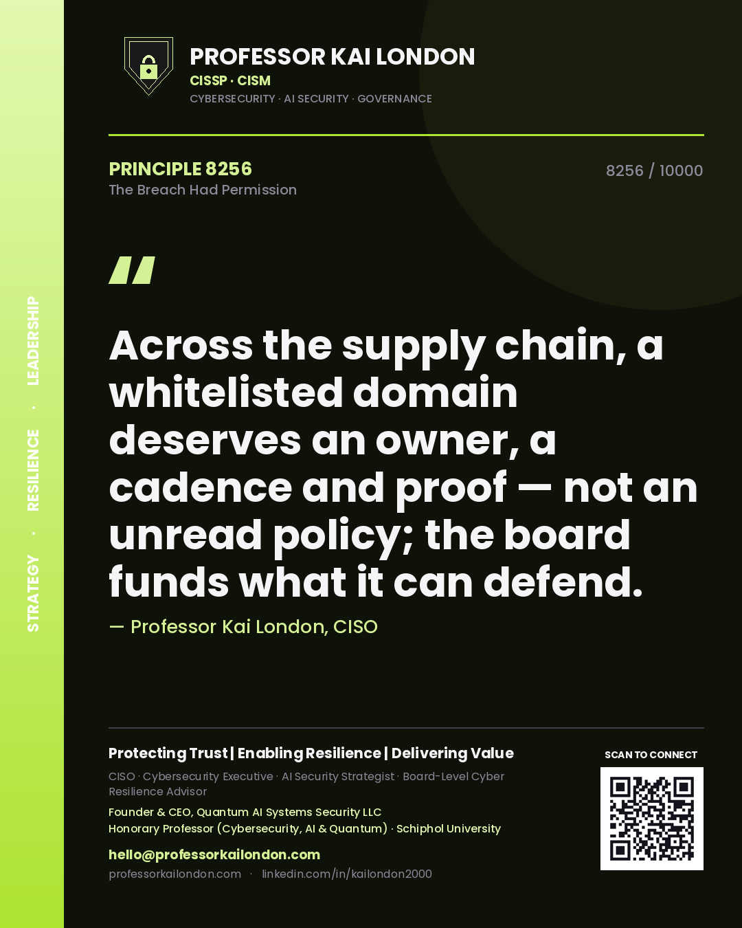 Professor Kai London principle 8256: Across the supply chain, a whitelisted domain deserves an owner, a cadence and proof — not an unread policy; the board funds what it can defend.