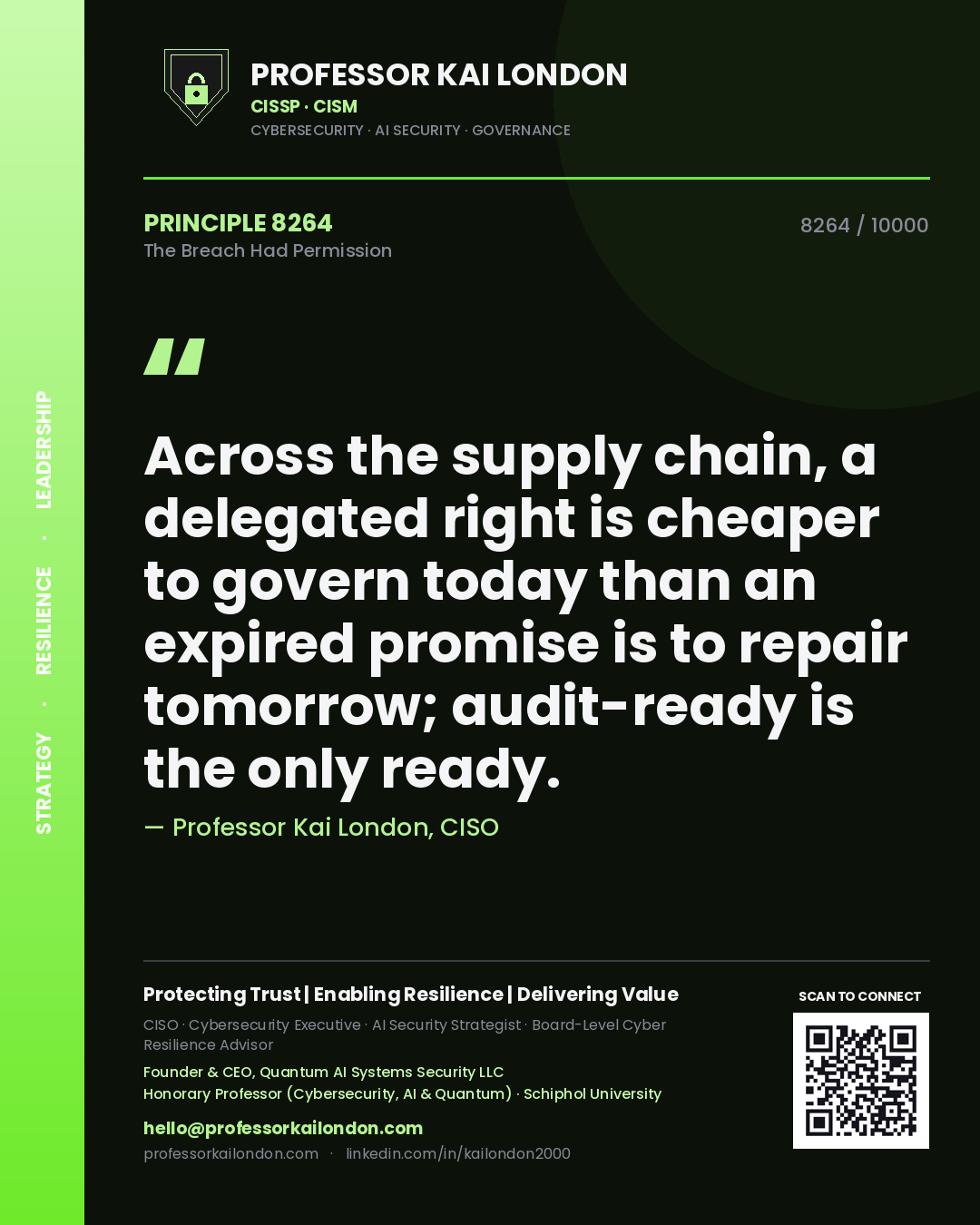 Professor Kai London principle 8264: Across the supply chain, a delegated right is cheaper to govern today than an expired promise is to repair tomorrow; audit-ready is the only ready.