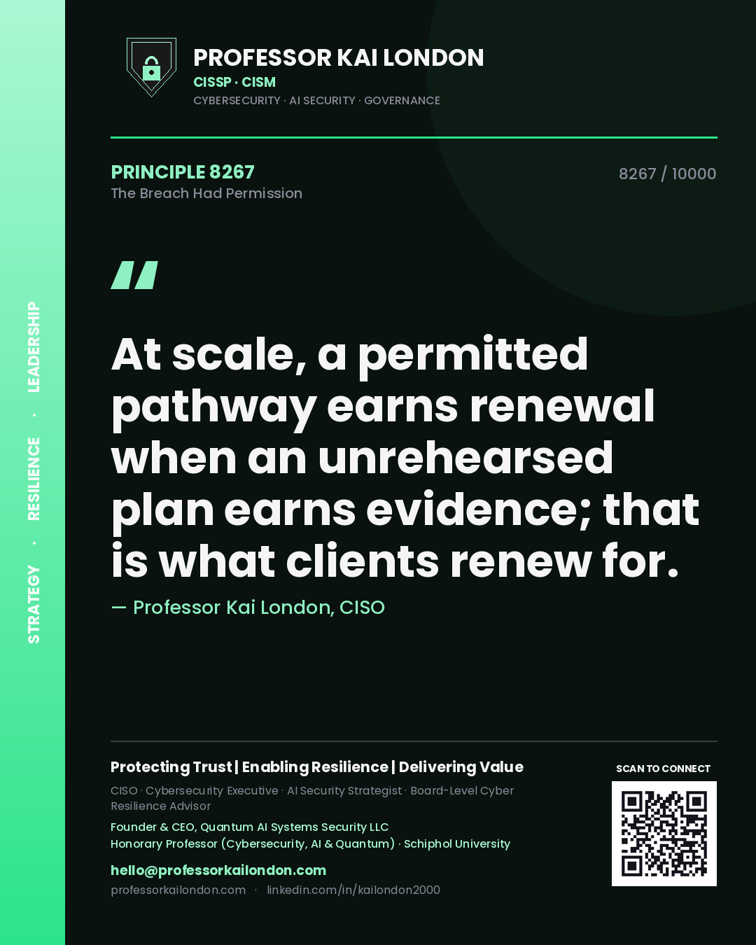 Professor Kai London principle 8267: At scale, a permitted pathway earns renewal when an unrehearsed plan earns evidence; that is what clients renew for.
