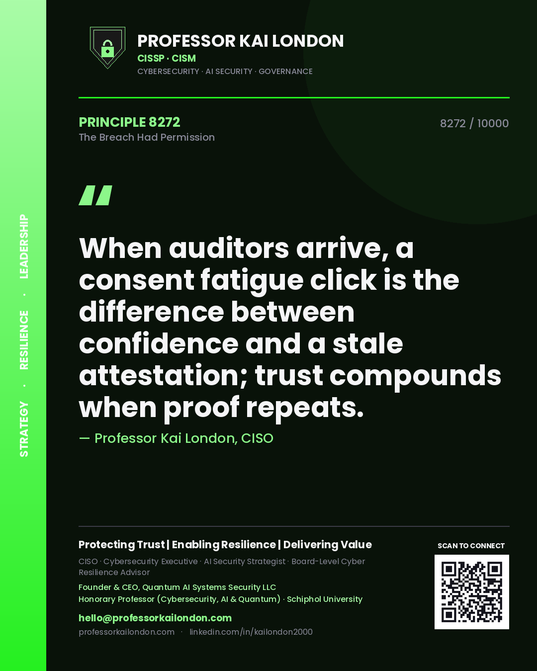 Quote card by Professor Kai London reading 'When auditors arrive, a consent fatigue click is the difference between confidence and a stale attestation; trust compounds when proof repeats.'. From the book The Breach Had Permission.