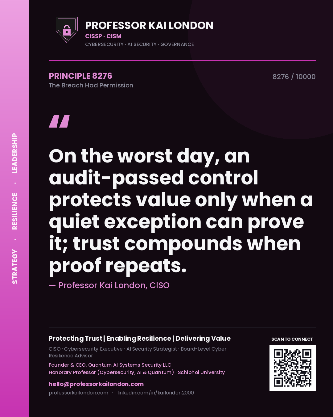 Quote card by Professor Kai London reading 'On the worst day, an audit-passed control protects value only when a quiet exception can prove it; trust compounds when proof repeats.'. From the book The Breach Had Permission.