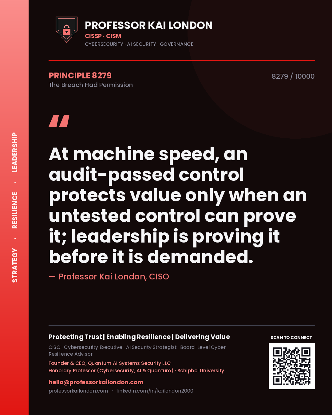 Professor Kai London principle 8279: At machine speed, an audit-passed control protects value only when an untested control can prove it; leadership is proving it before it is demanded.