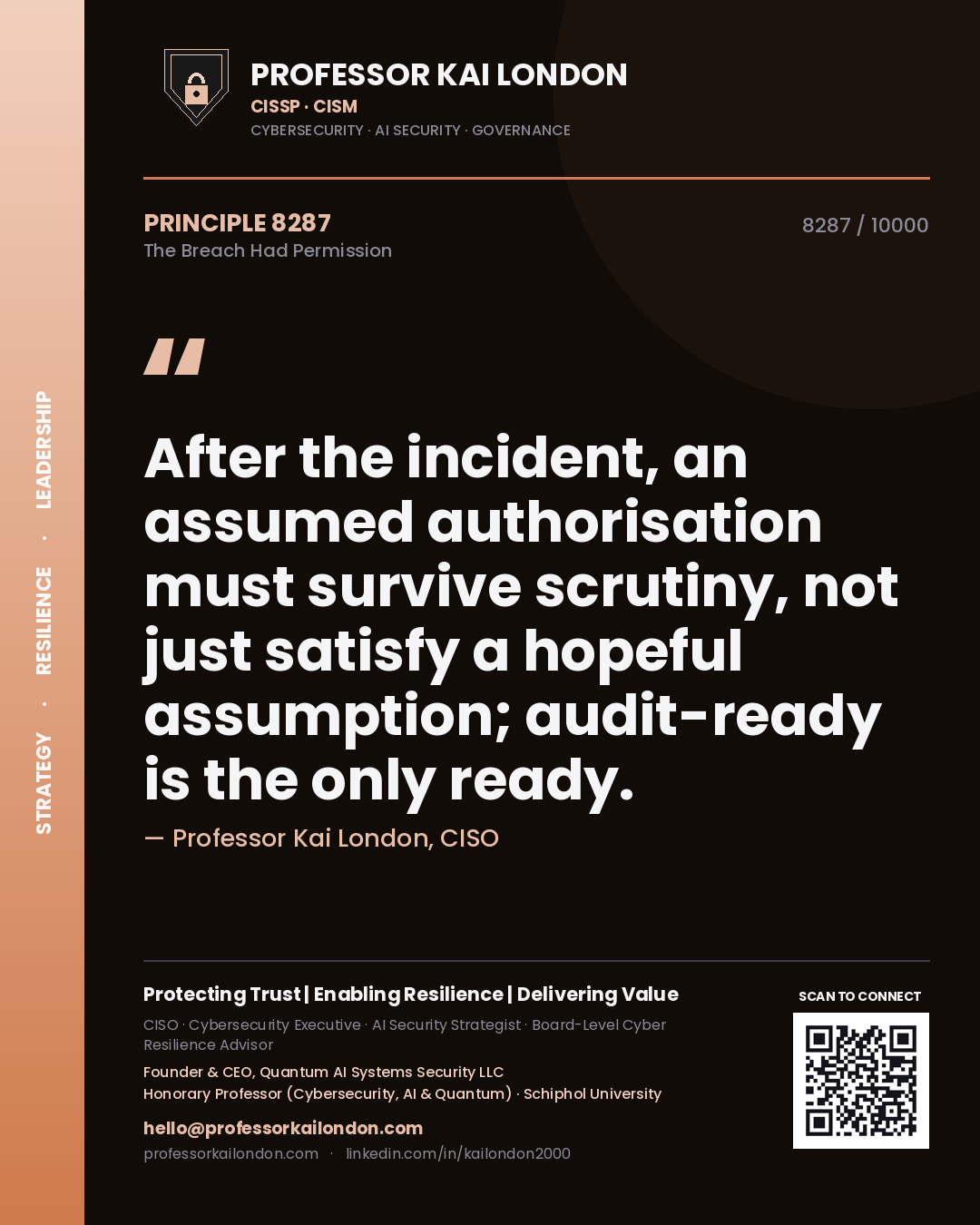 Professor Kai London principle 8287: After the incident, an assumed authorisation must survive scrutiny, not just satisfy a hopeful assumption; audit-ready is the only ready.