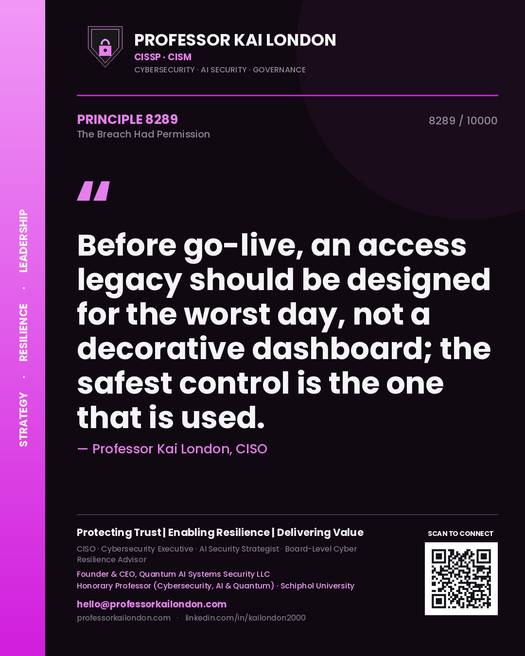 Professor Kai London principle 8289: Before go-live, an access legacy should be designed for the worst day, not a decorative dashboard; the safest control is the one that is used.