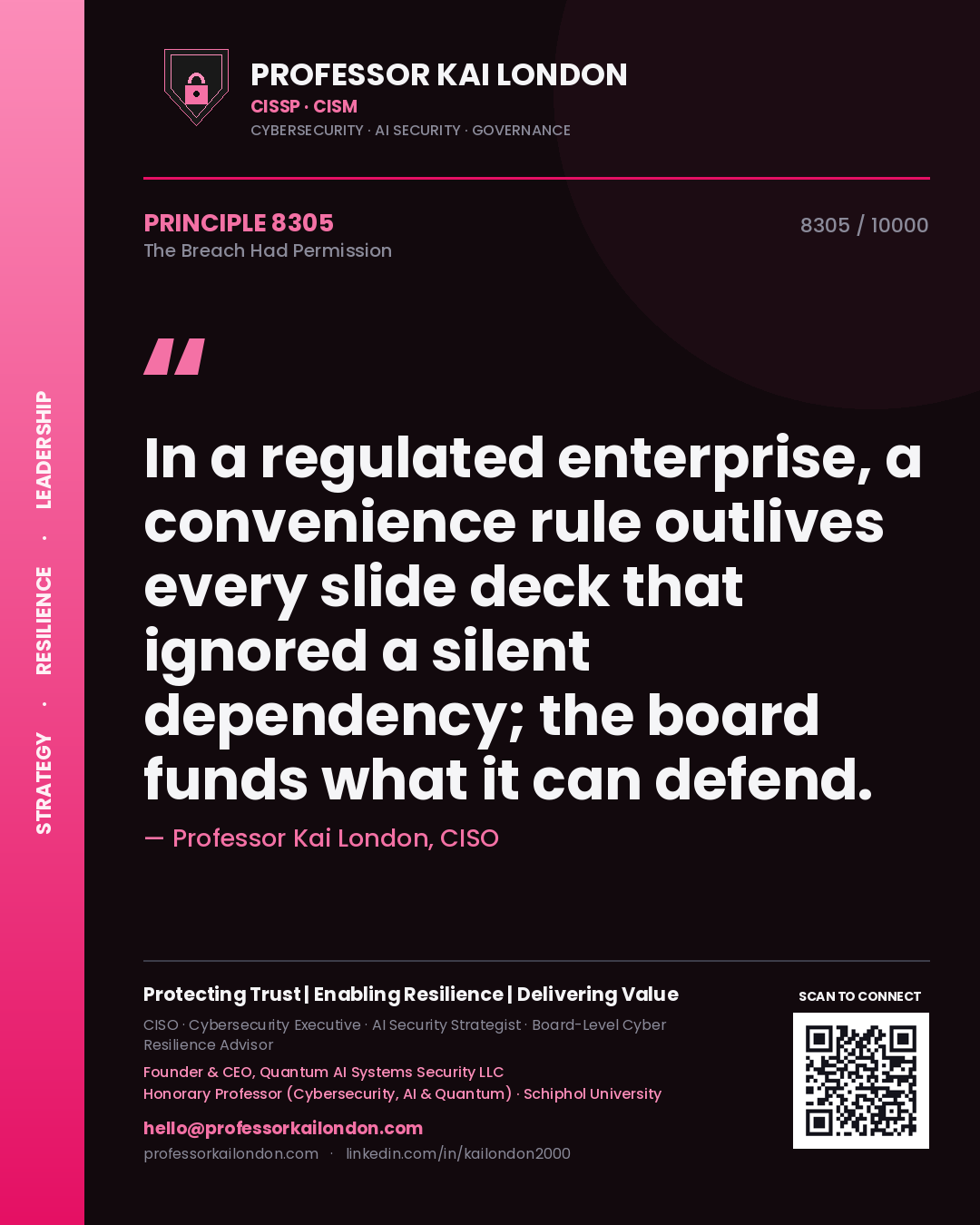 Professor Kai London principle 8305: In a regulated enterprise, a convenience rule outlives every slide deck that ignored a silent dependency; the board funds what it can defend.
