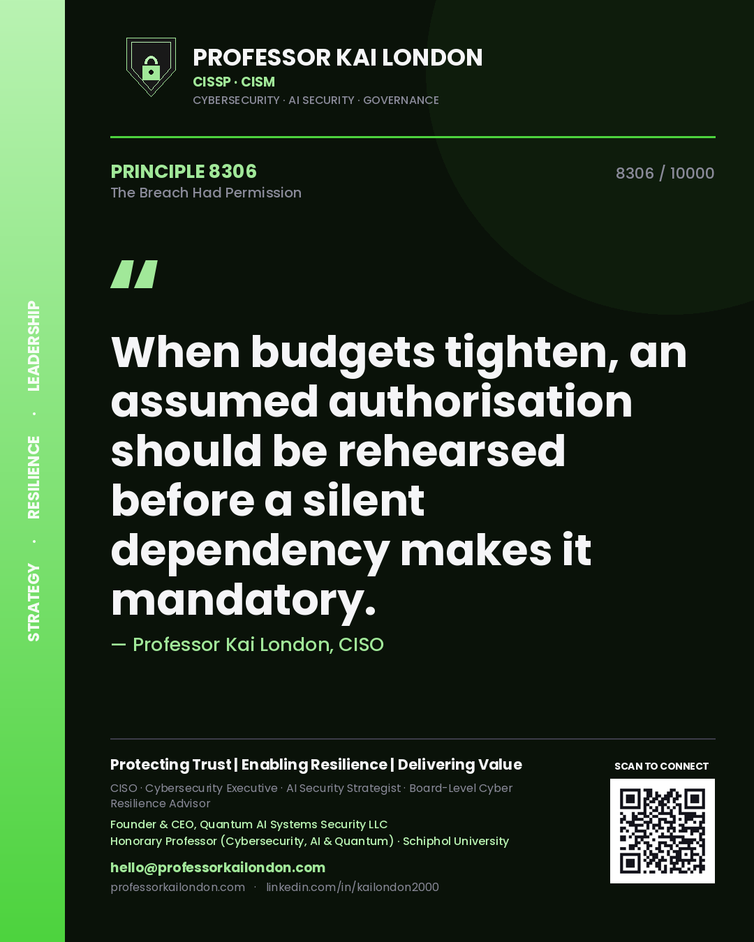 Professor Kai London principle 8306: When budgets tighten, an assumed authorisation should be rehearsed before a silent dependency makes it mandatory.
