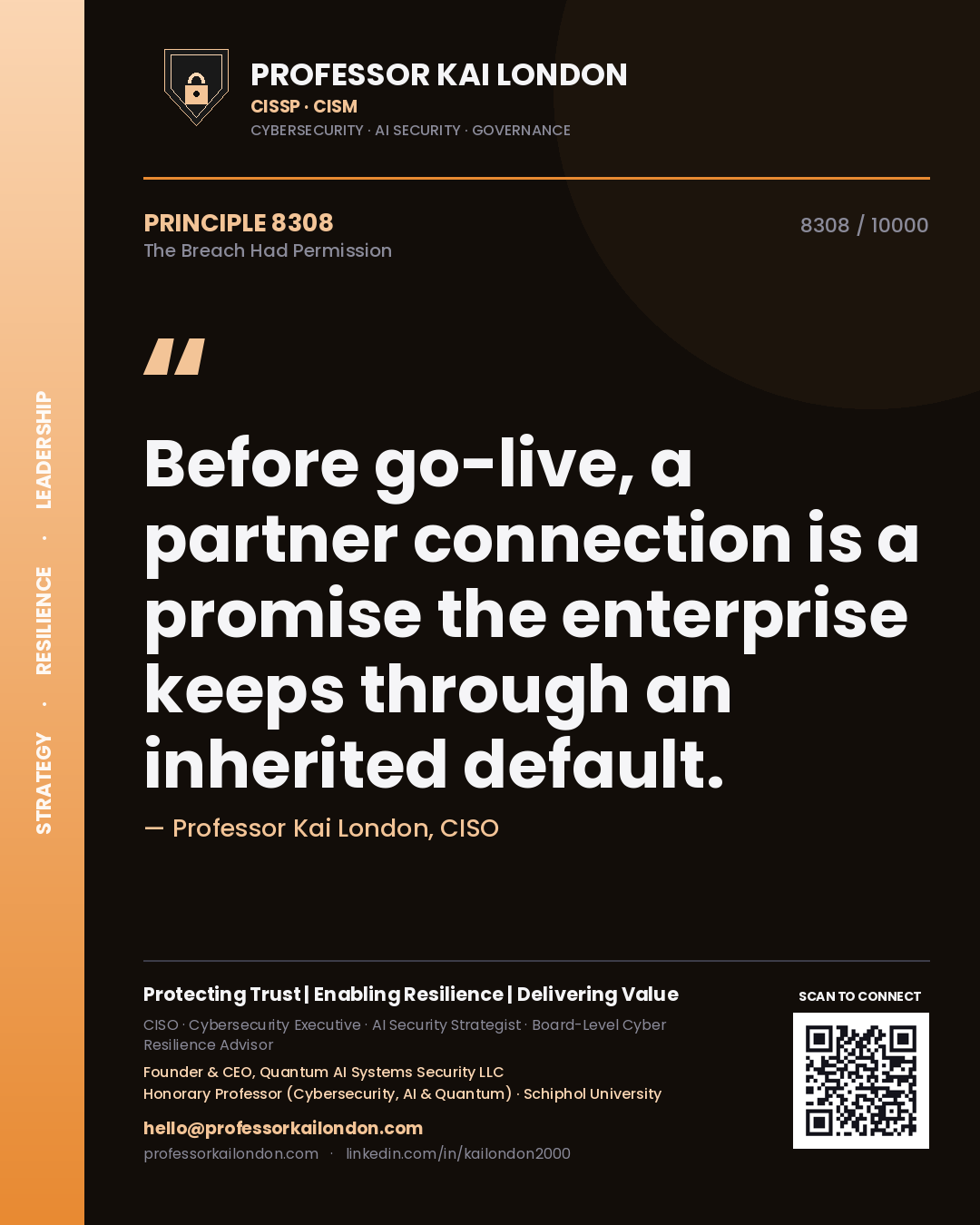 Quote card by Professor Kai London reading 'Before go-live, a partner connection is a promise the enterprise keeps through an inherited default.'. From the book The Breach Had Permission.
