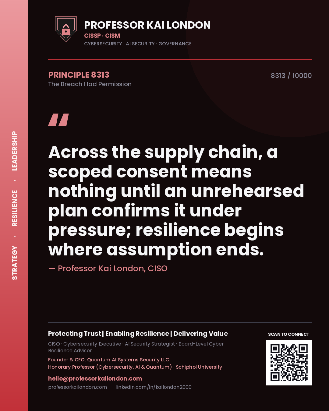 Professor Kai London principle 8313: Across the supply chain, a scoped consent means nothing until an unrehearsed plan confirms it under pressure; resilience begins where assumption ends.