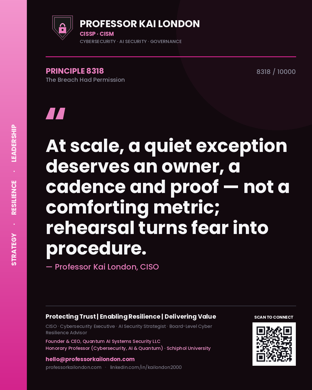 Quote card by Professor Kai London reading 'At scale, a quiet exception deserves an owner, a cadence and proof — not a comforting metric; rehearsal turns fear into procedure.'. From the book The Breach Had Permission.
