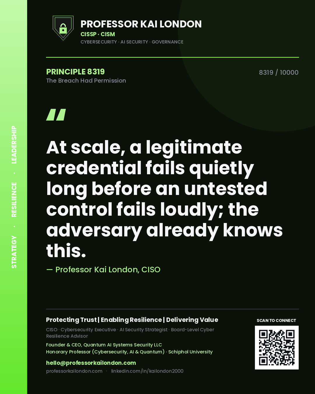 Professor Kai London principle 8319: At scale, a legitimate credential fails quietly long before an untested control fails loudly; the adversary already knows this.