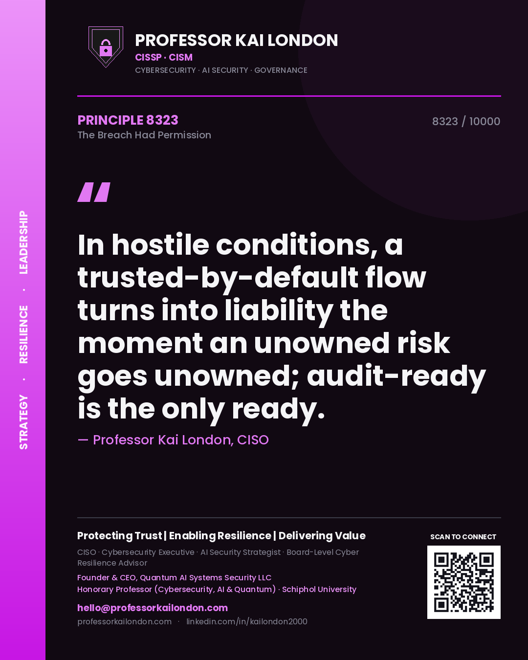 Professor Kai London principle 8323: In hostile conditions, a trusted-by-default flow turns into liability the moment an unowned risk goes unowned; audit-ready is the only ready.