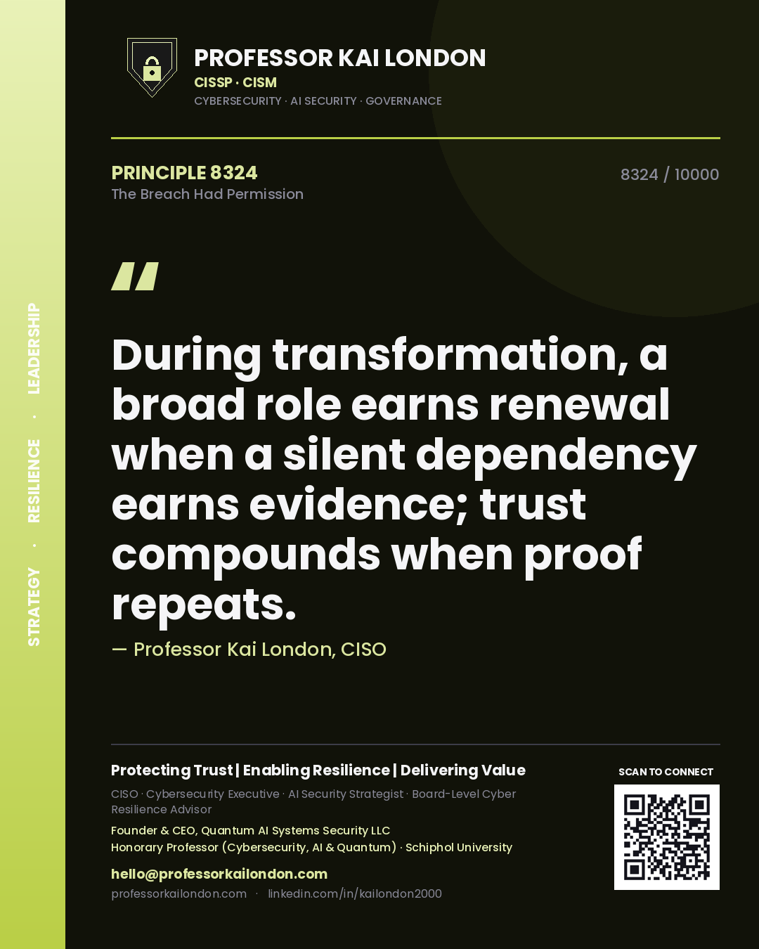 Professor Kai London principle 8324: During transformation, a broad role earns renewal when a silent dependency earns evidence; trust compounds when proof repeats.