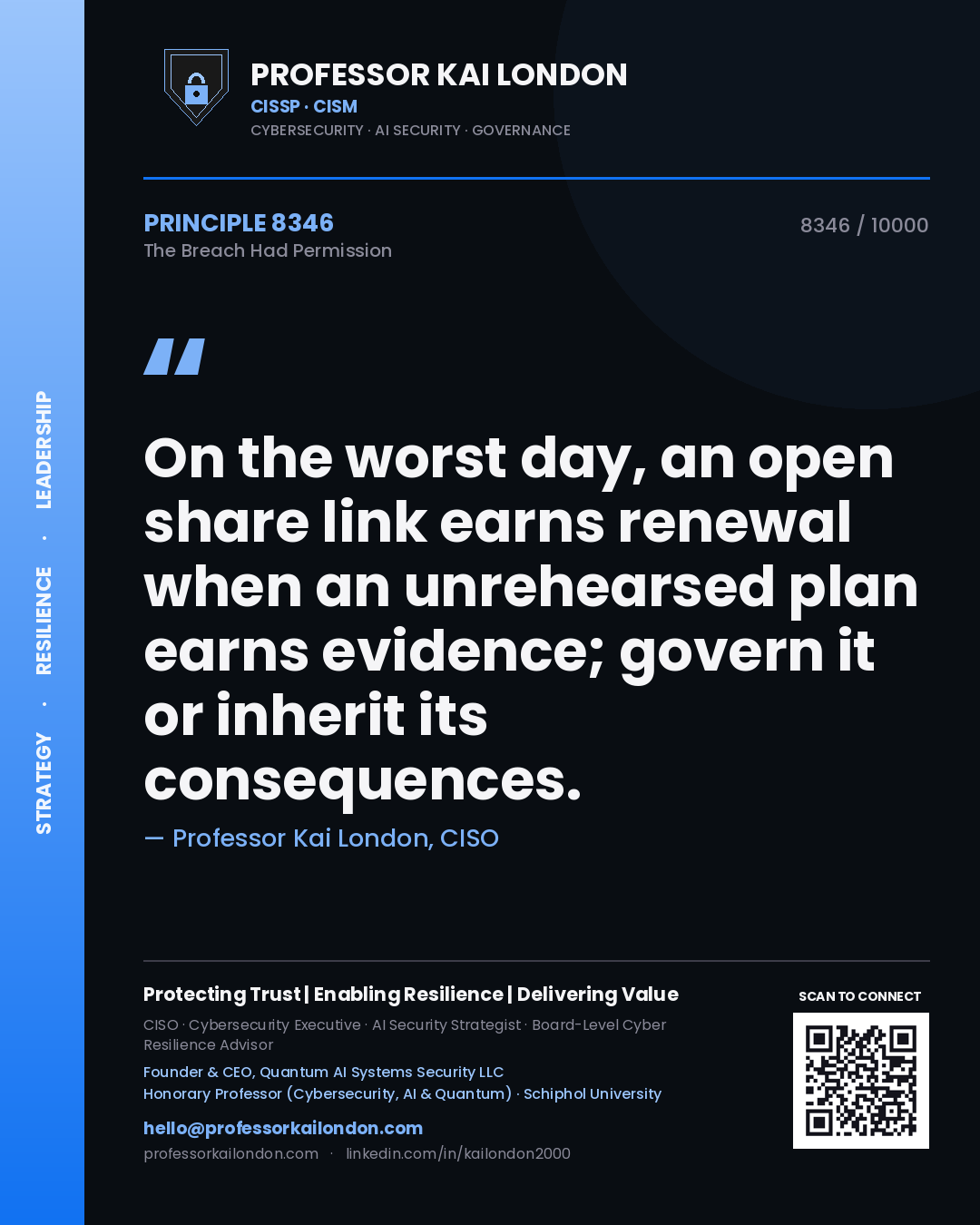 Quote card by Professor Kai London reading 'On the worst day, an open share link earns renewal when an unrehearsed plan earns evidence; govern it or inherit its consequences.'. From the book The Breach Had Permission.