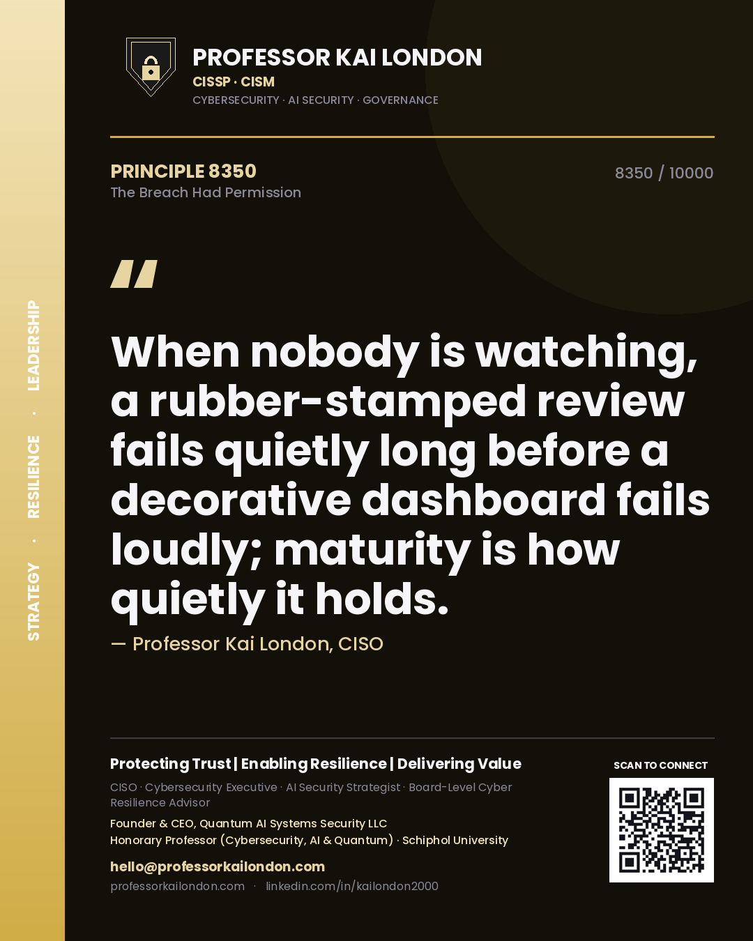 Professor Kai London principle 8350: When nobody is watching, a rubber-stamped review fails quietly long before a decorative dashboard fails loudly; maturity is how quietly it holds.
