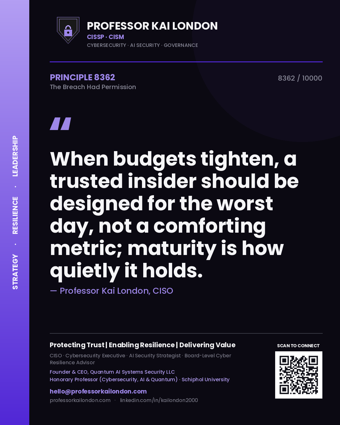 Quote card by Professor Kai London reading 'When budgets tighten, a trusted insider should be designed for the worst day, not a comforting metric; maturity is how quietly it holds.'. From the book The Breach Had Permission.