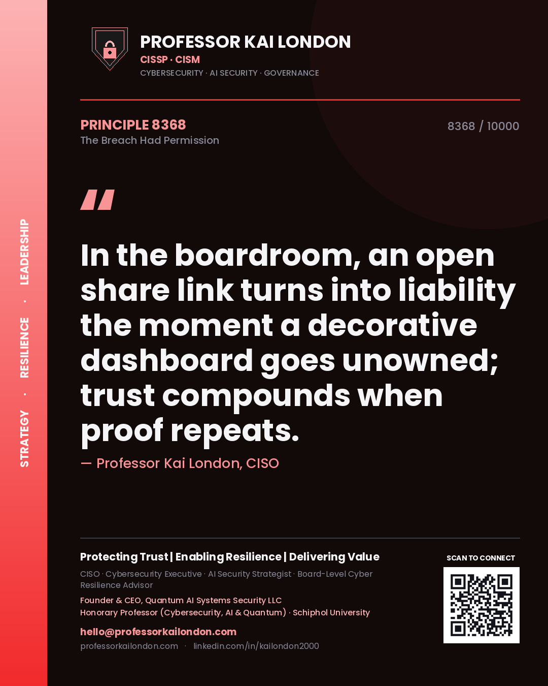Quote card by Professor Kai London reading 'In the boardroom, an open share link turns into liability the moment a decorative dashboard goes unowned; trust compounds when proof repeats.'. From the book The Breach Had Permission.