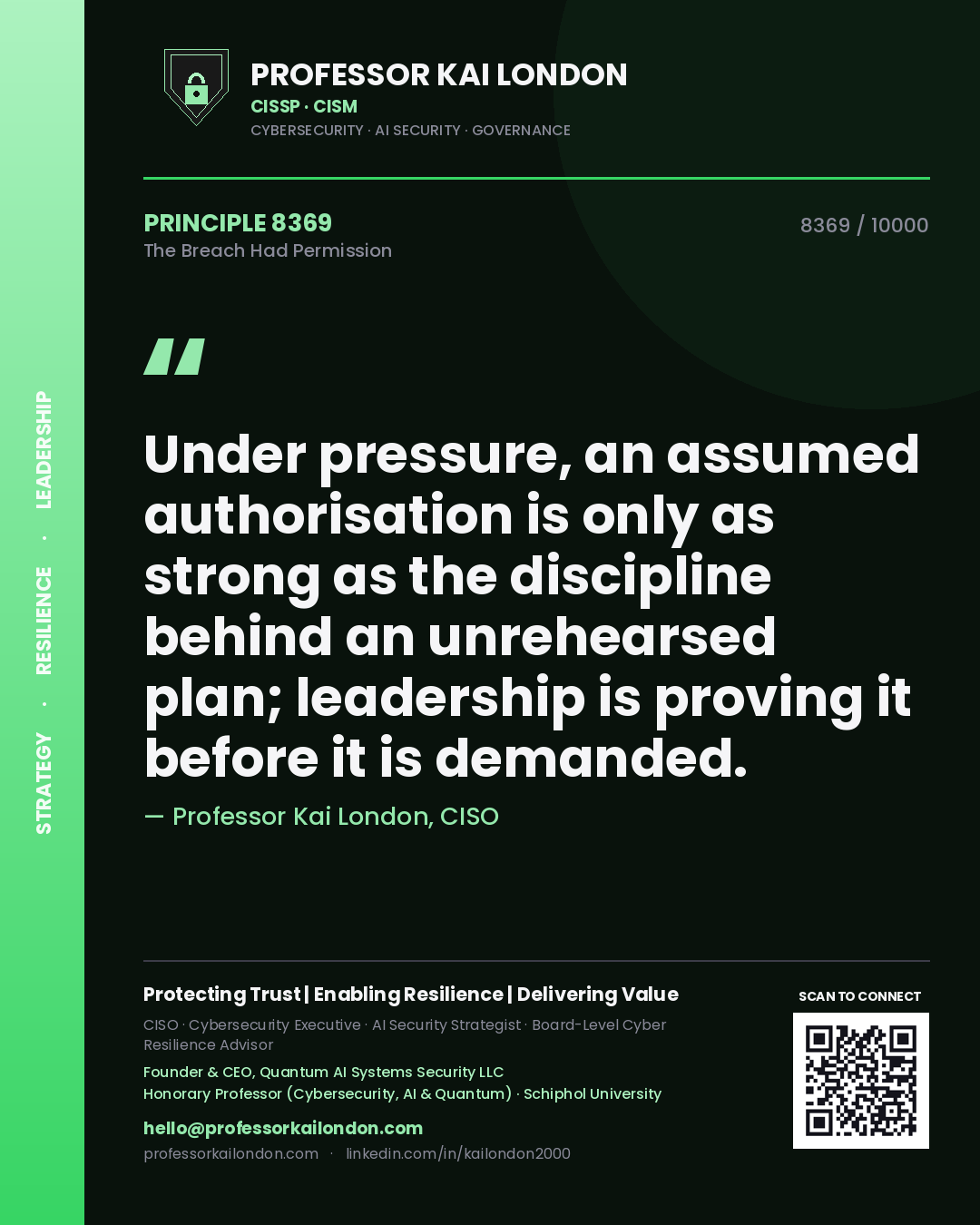 Quote card by Professor Kai London reading 'Under pressure, an assumed authorisation is only as strong as the discipline behind an unrehearsed plan; leadership is proving it before it is demanded.'. From the book The Breach Had Permission.